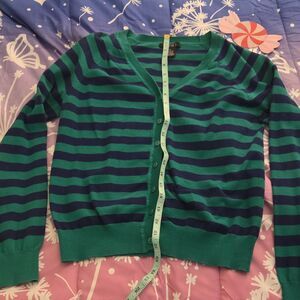 Deb Green Navy Striped Knit Button Cardigan Sweater XL V-Neck Long Sleeve y2k